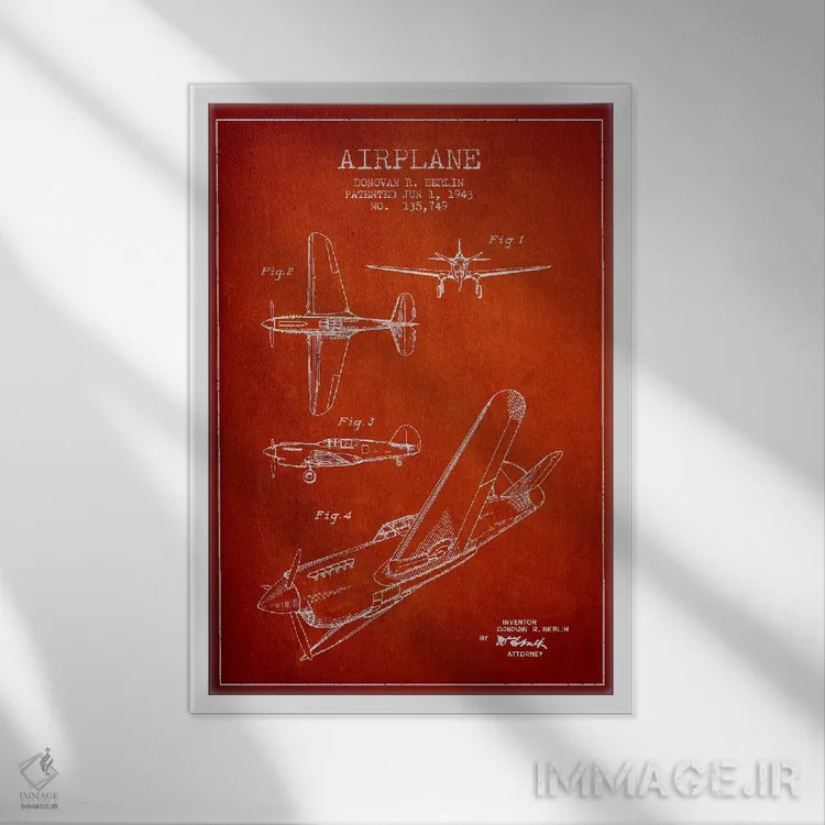 تابلو نقشهٔ ثبت اختراع هواپیما (قرمز) اثر پیکسل کهنه (استودیو/نام هنری) - نمای قابدار سفید