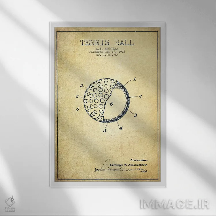 تابلو نقشهٔ ثبت اختراع قدیمی توپ تنیس اثر پیکسل کهنه (استودیو/نام هنری) - نمای قابدار سفید