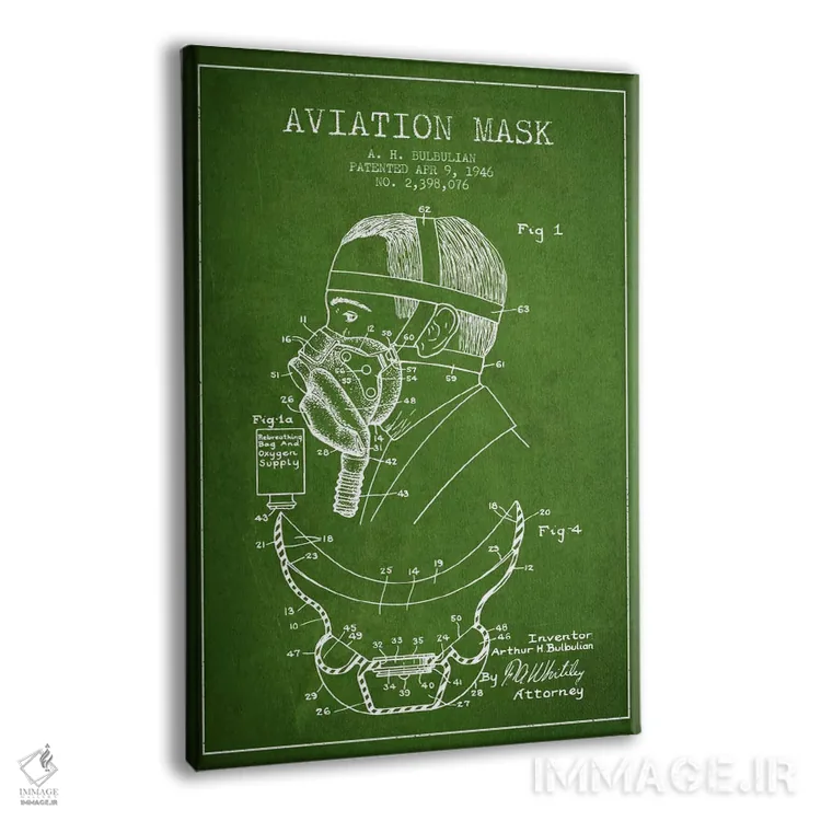 تابلو نقشه ثبت اختراع ماسک هوانوردی (سبز) اثر پیکسل کهنه (استودیو/نام هنری) - نمای پرسپکتیو محصول