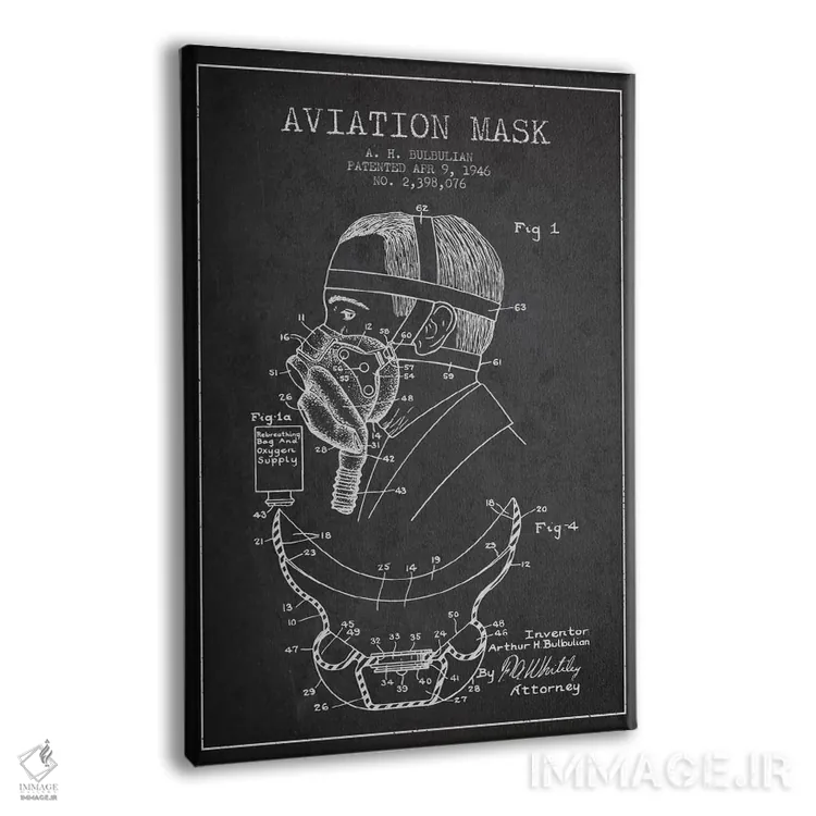 تابلو نقشه ثبت اختراع ماسک هوانوردی (ذغالی) اثر پیکسل کهنه (استودیو/نام هنری) - نمای پرسپکتیو محصول