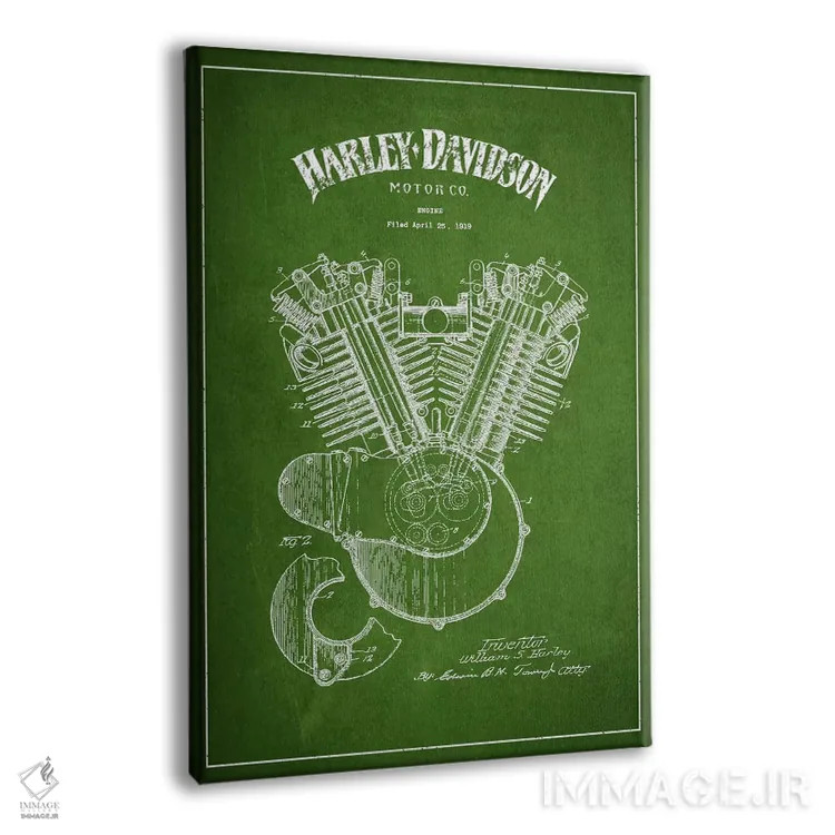 تابلو نقشه ثبت اختراع هارلی-دیویدسون (سبز) اثر پیکسل کهنه (استودیو/نام هنری) - نمای پرسپکتیو محصول