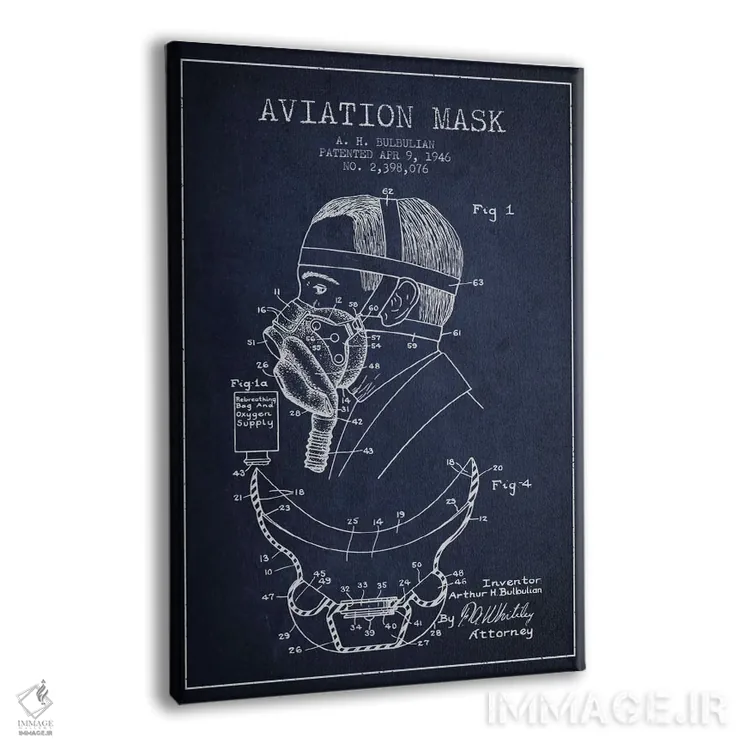 تابلو نقشه ثبت اختراع ماسک هوانوردی (آبی نفتی) اثر پیکسل کهنه (استودیو/نام هنری) - نمای پرسپکتیو محصول