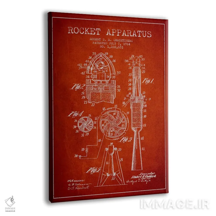 تابلو نقشه ثبت اختراع دستگاه موشکی (قرمز) اثر پیکسل کهنه (استودیو/نام هنری) - نمای پرسپکتیو محصول