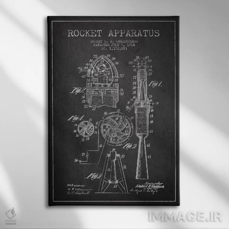 تابلو نقشه ثبت اختراع دستگاه موشکی (ذغالی) اثر پیکسل کهنه (استودیو/نام هنری) - نمای روبهرو روی دیوار