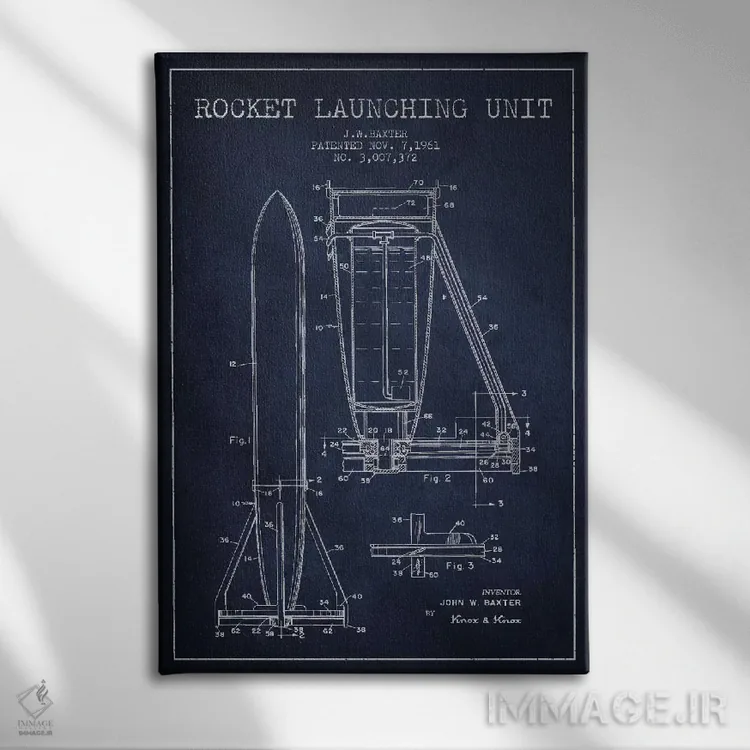 تابلو نقشه ثبت اختراع واحد موشکی (آبی نفتی) اثر پیکسل کهنه (استودیو/نام هنری) - نمای روبهرو روی دیوار