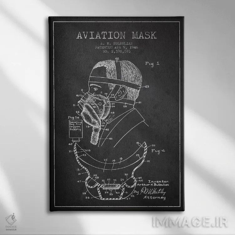 تابلو نقشه ثبت اختراع ماسک هوانوردی (ذغالی) اثر پیکسل کهنه (استودیو/نام هنری) - نمای روبهرو روی دیوار
