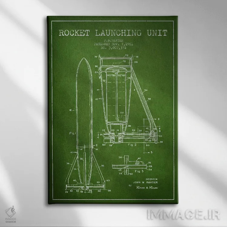 تابلو نقشه ثبت اختراع واحد موشکی (سبز) اثر پیکسل کهنه (استودیو/نام هنری) - نمای روبهرو روی دیوار
