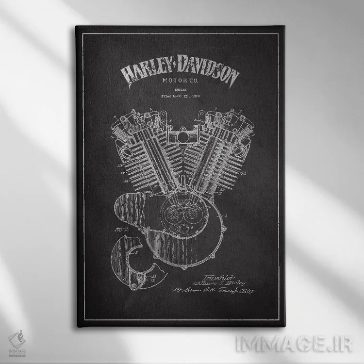 تابلو نقشه ثبت اختراع هارلی-دیویدسون (ذغالی) اثر پیکسل کهنه (استودیو/نام هنری) - نمای روبهرو روی دیوار