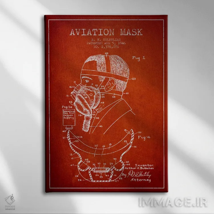 تابلو نقشه ثبت اختراع ماسک هوانوردی (قرمز) اثر پیکسل کهنه (استودیو/نام هنری) - نمای روبهرو روی دیوار