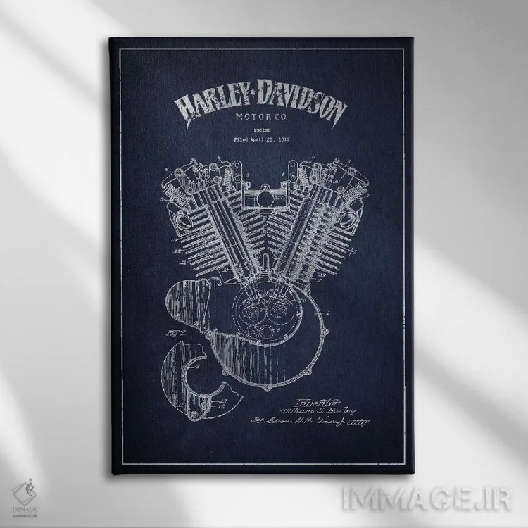 تابلو نقشه ثبت اختراع هارلی-دیویدسون (آبی نفتی) اثر پیکسل کهنه (استودیو/نام هنری) - نمای روبهرو روی دیوار