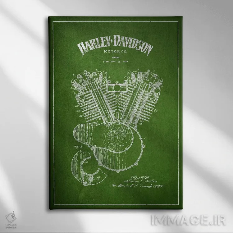 تابلو نقشه ثبت اختراع هارلی-دیویدسون (سبز) اثر پیکسل کهنه (استودیو/نام هنری) - نمای روبهرو روی دیوار