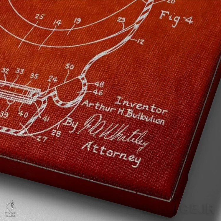 تابلو نقشه ثبت اختراع ماسک هوانوردی (قرمز) اثر پیکسل کهنه (استودیو/نام هنری) - نمای نزدیک بافت بوم