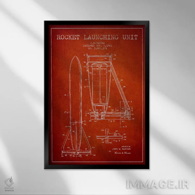 تابلو نقشه ثبت اختراع واحد موشکی (قرمز) اثر پیکسل کهنه (استودیو/نام هنری) - نمای قابدار مشکی