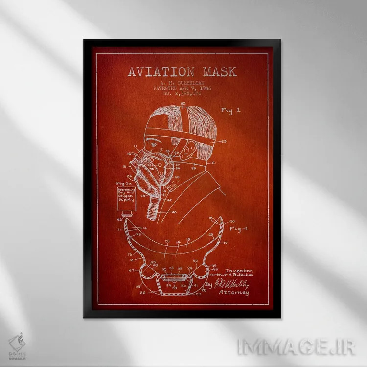 تابلو نقشه ثبت اختراع ماسک هوانوردی (قرمز) اثر پیکسل کهنه (استودیو/نام هنری) - نمای قابدار مشکی