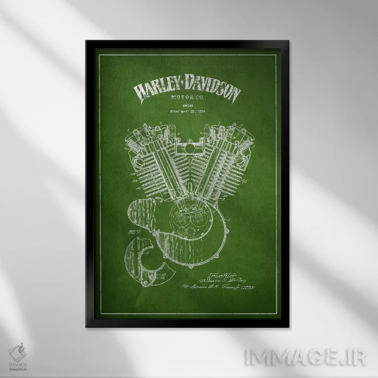 تابلو نقشه ثبت اختراع هارلی-دیویدسون (سبز) اثر پیکسل کهنه (استودیو/نام هنری) - نمای قابدار مشکی