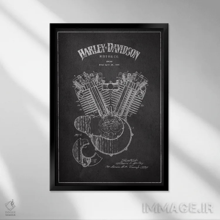 تابلو نقشه ثبت اختراع هارلی-دیویدسون (ذغالی) اثر پیکسل کهنه (استودیو/نام هنری) - نمای قابدار مشکی