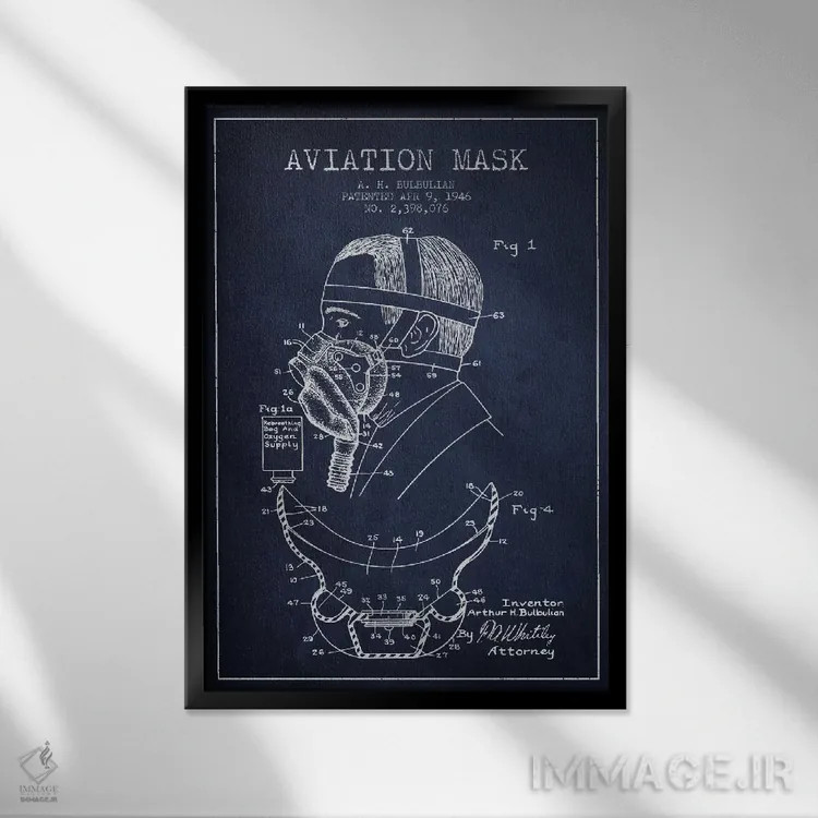 تابلو نقشه ثبت اختراع ماسک هوانوردی (آبی نفتی) اثر پیکسل کهنه (استودیو/نام هنری) - نمای قابدار مشکی
