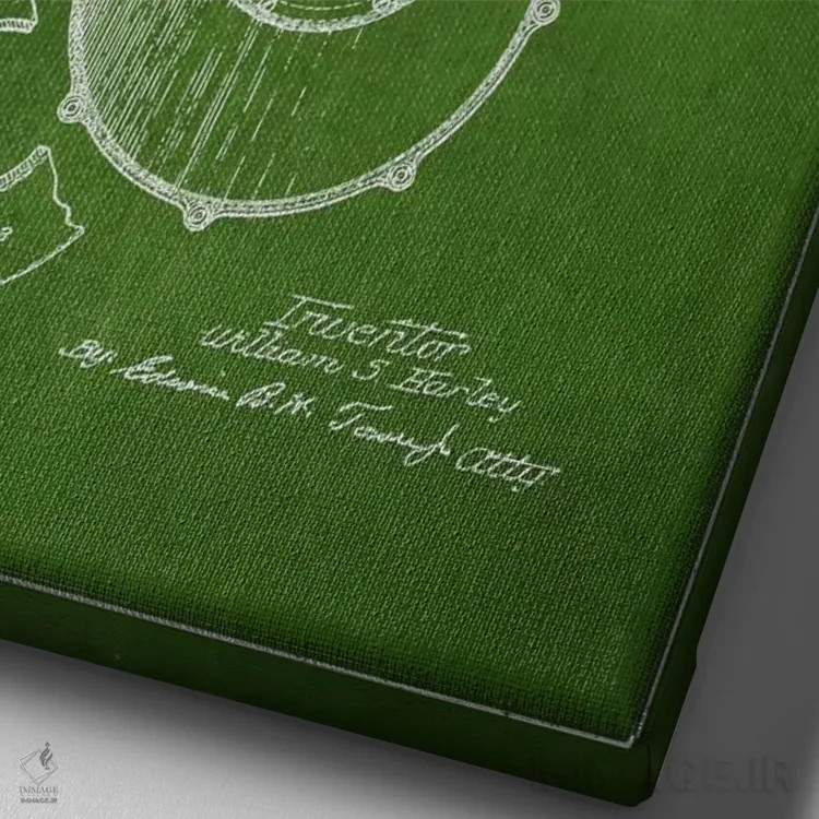 تابلو نقشه ثبت اختراع هارلی-دیویدسون (سبز) اثر پیکسل کهنه (استودیو/نام هنری) - نمای نزدیک بافت بوم