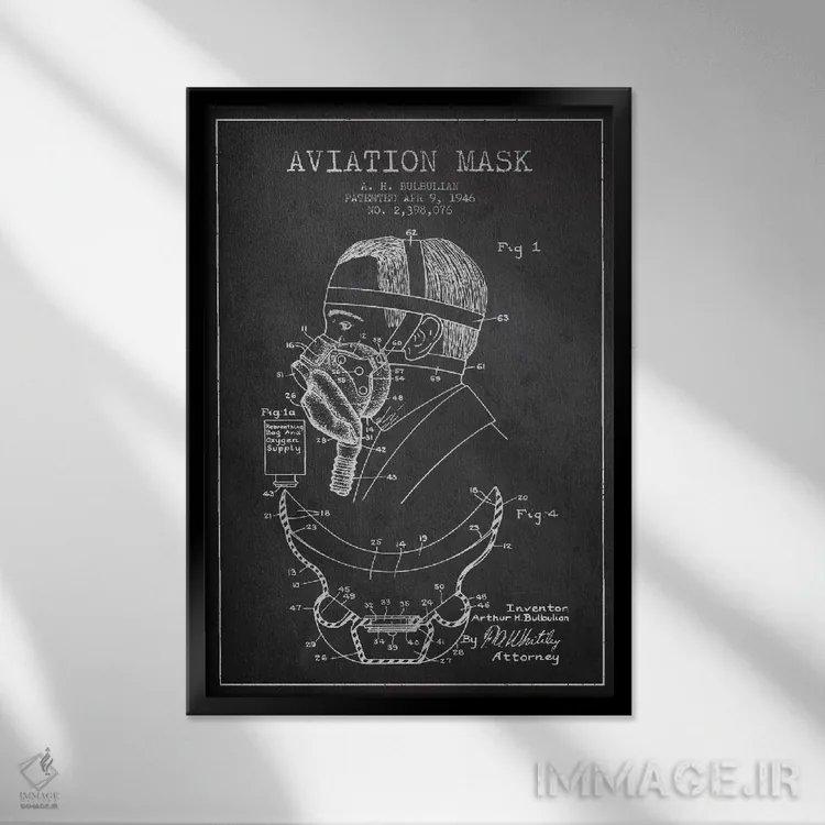 تابلو نقشه ثبت اختراع ماسک هوانوردی (ذغالی) اثر پیکسل کهنه (استودیو/نام هنری) - نمای قابدار مشکی