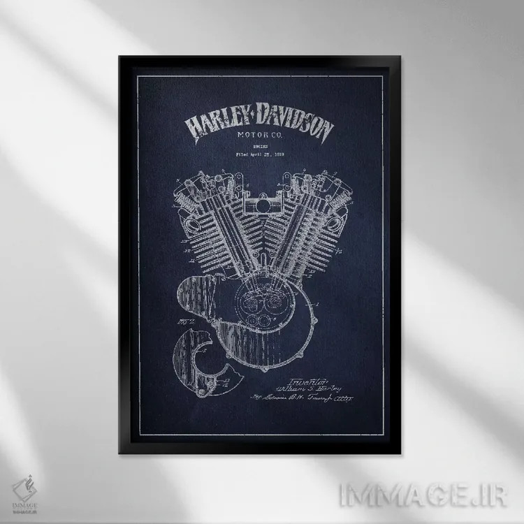 تابلو نقشه ثبت اختراع هارلی-دیویدسون (آبی نفتی) اثر پیکسل کهنه (استودیو/نام هنری) - نمای قابدار مشکی