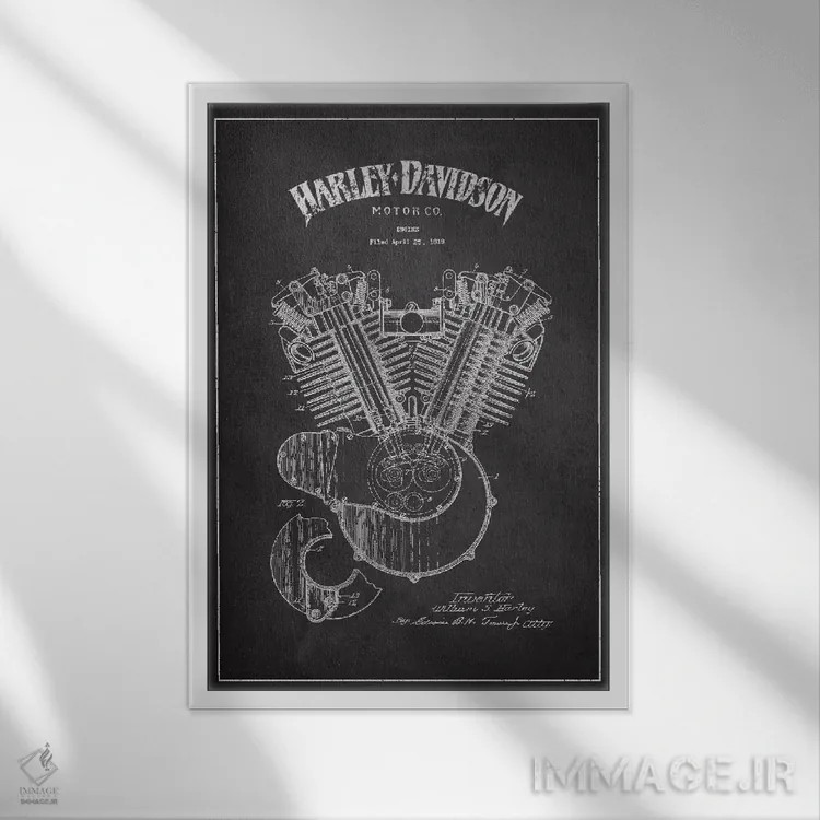 تابلو نقشه ثبت اختراع هارلی-دیویدسون (ذغالی) اثر پیکسل کهنه (استودیو/نام هنری) - نمای قابدار سفید