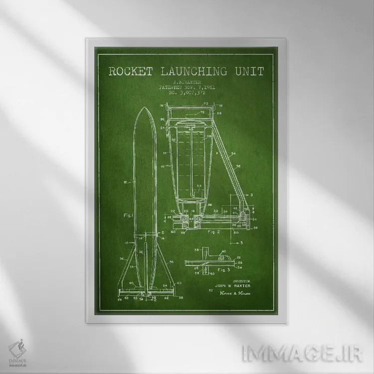 تابلو نقشه ثبت اختراع واحد موشکی (سبز) اثر پیکسل کهنه (استودیو/نام هنری) - نمای قابدار سفید