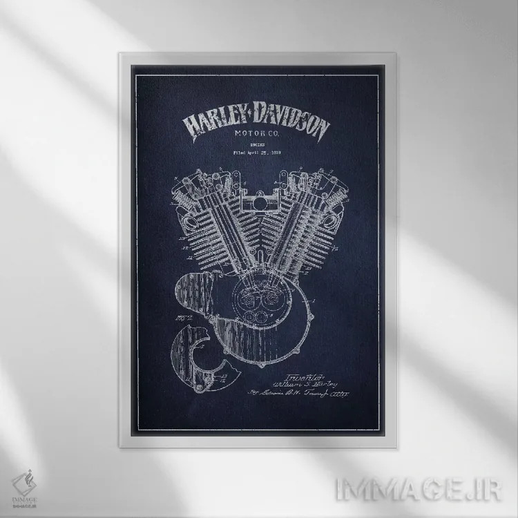 تابلو نقشه ثبت اختراع هارلی-دیویدسون (آبی نفتی) اثر پیکسل کهنه (استودیو/نام هنری) - نمای قابدار سفید