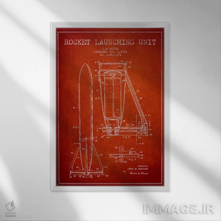 تابلو نقشه ثبت اختراع واحد موشکی (قرمز) اثر پیکسل کهنه (استودیو/نام هنری) - نمای قابدار سفید