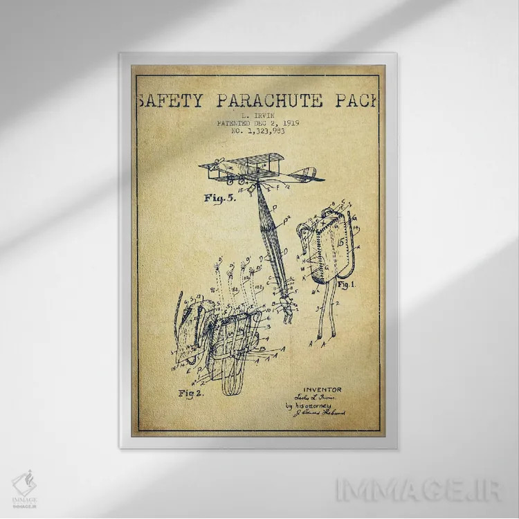 تابلو نقشه ثبت اختراع چتر نجات ۲ (کلاسیک) اثر پیکسل کهنه (استودیو/نام هنری) - نمای قابدار سفید