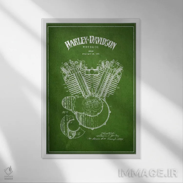 تابلو نقشه ثبت اختراع هارلی-دیویدسون (سبز) اثر پیکسل کهنه (استودیو/نام هنری) - نمای قابدار سفید