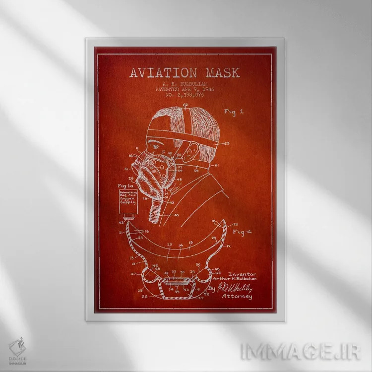 تابلو نقشه ثبت اختراع ماسک هوانوردی (قرمز) اثر پیکسل کهنه (استودیو/نام هنری) - نمای قابدار سفید
