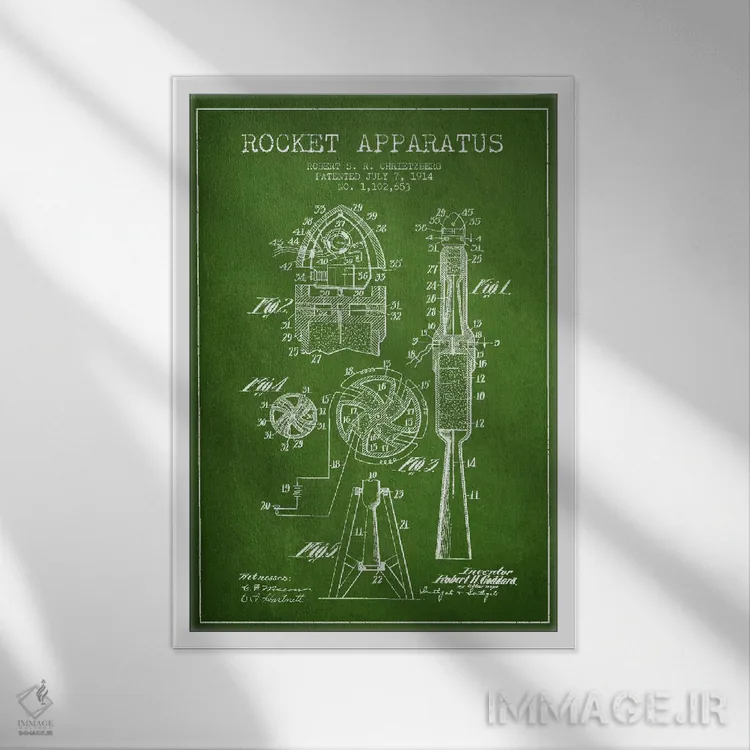 تابلو نقشه ثبت اختراع دستگاه موشکی (سبز) اثر پیکسل کهنه (استودیو/نام هنری) - نمای قابدار سفید