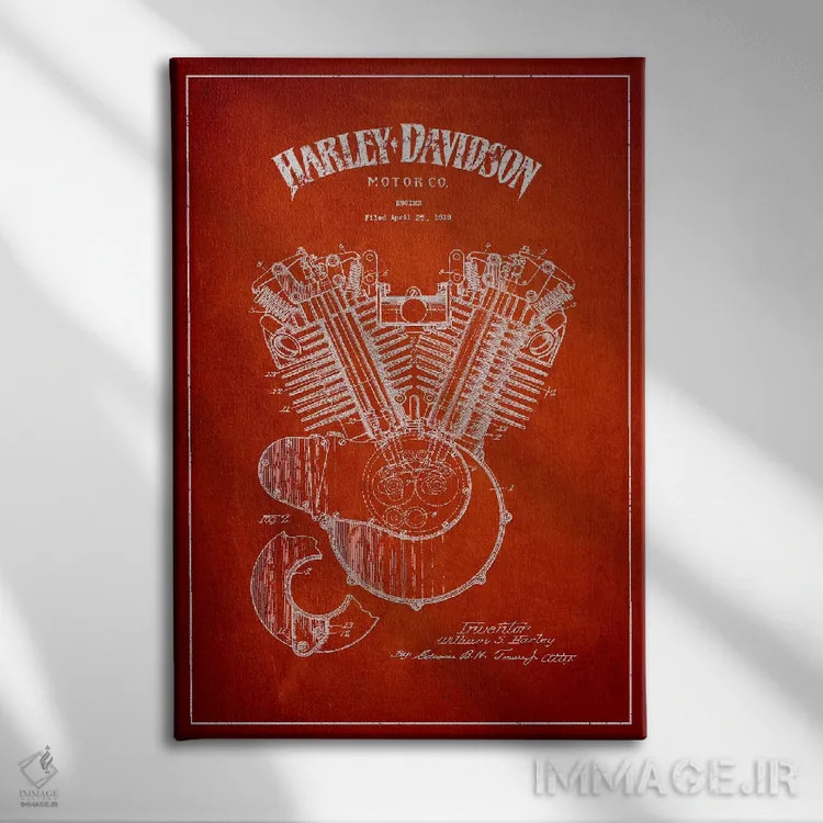 تابلو نقشه ثبت اختراع هارلی-دیویدسون (قرمز) اثر پیکسل کهنه (استودیو/نام هنری) - نمای روبهرو روی دیوار