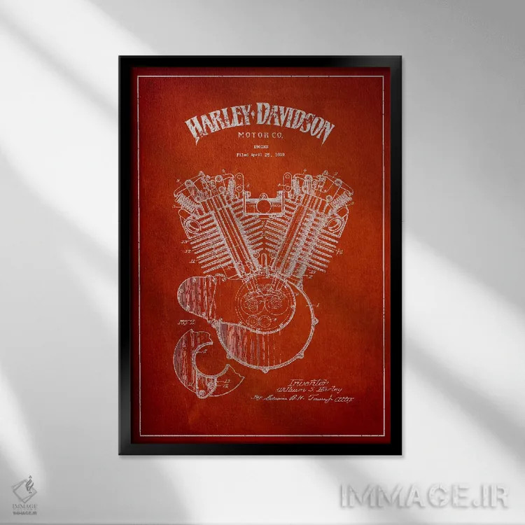 تابلو نقشه ثبت اختراع هارلی-دیویدسون (قرمز) اثر پیکسل کهنه (استودیو/نام هنری) - نمای قابدار مشکی