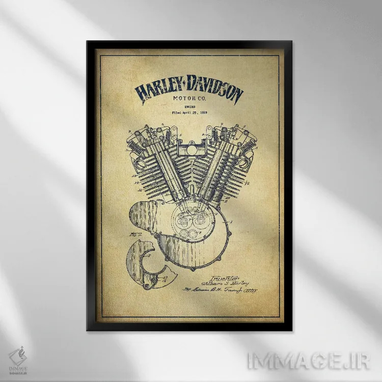 تابلو نقشه ثبت اختراع هارلی-دیویدسون (کلاسیک) اثر پیکسل کهنه (استودیو/نام هنری) - نمای قابدار مشکی