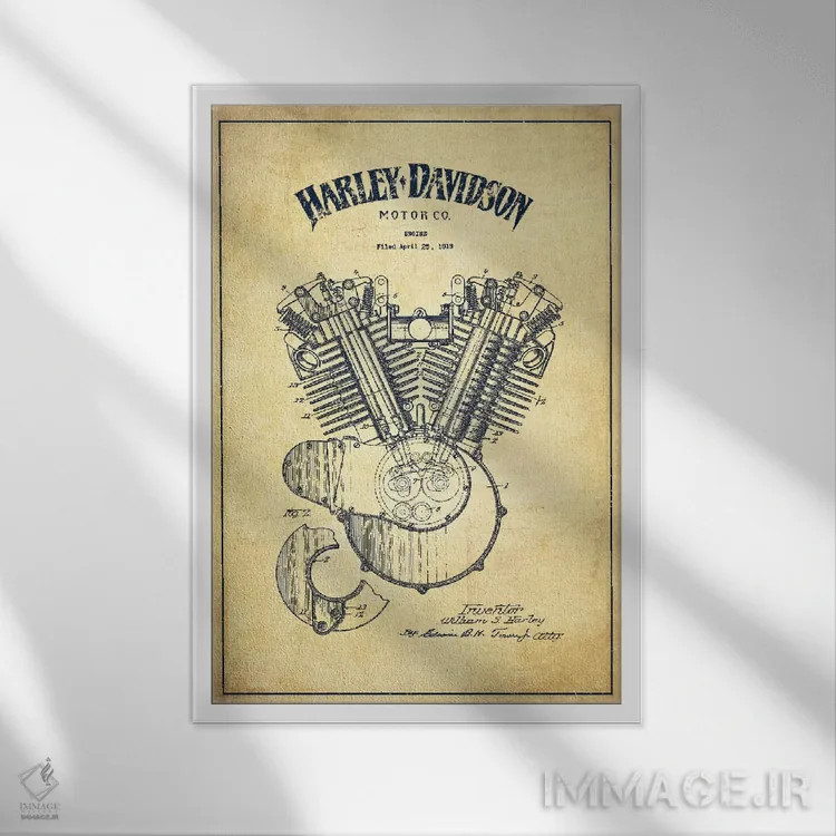 تابلو نقشه ثبت اختراع هارلی-دیویدسون (کلاسیک) اثر پیکسل کهنه (استودیو/نام هنری) - نمای قابدار سفید