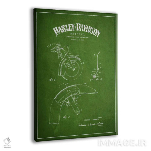 تابلو نقشهٔ درخواست ثبت پتنت گلگیر موتورسیکلت هارلی-دیویدسون (سبز) اثر پیکسل کهنه (استودیو/نام هنری) - نمای پرسپکتیو محصول