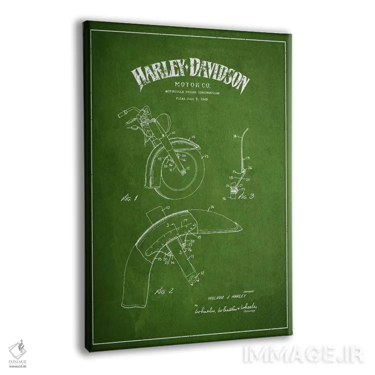تابلو نقشهٔ درخواست ثبت پتنت گلگیر موتورسیکلت هارلی-دیویدسون (سبز) اثر پیکسل کهنه (استودیو/نام هنری) - نمای پرسپکتیو محصول