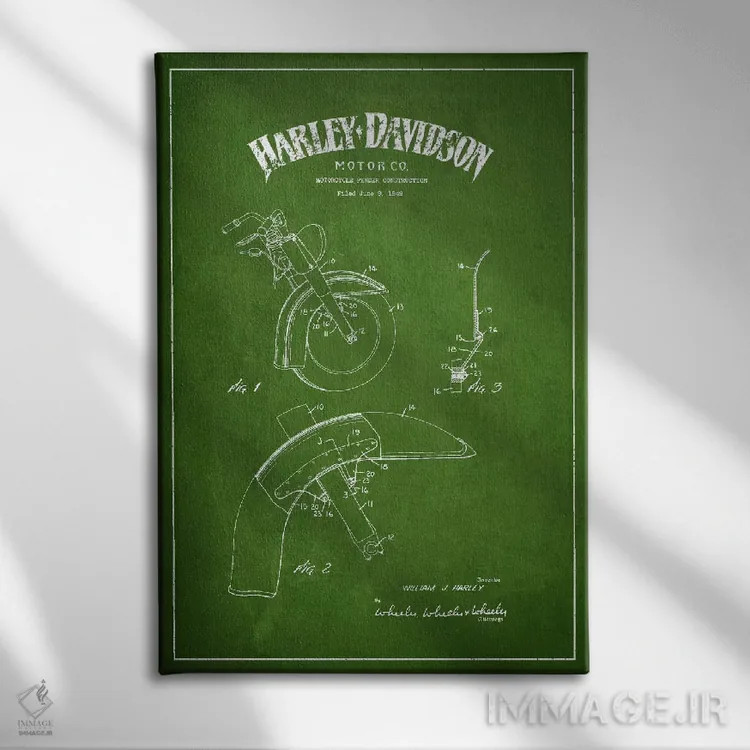 تابلو نقشهٔ درخواست ثبت پتنت گلگیر موتورسیکلت هارلی-دیویدسون (سبز) اثر پیکسل کهنه (استودیو/نام هنری) - نمای روبهرو روی دیوار