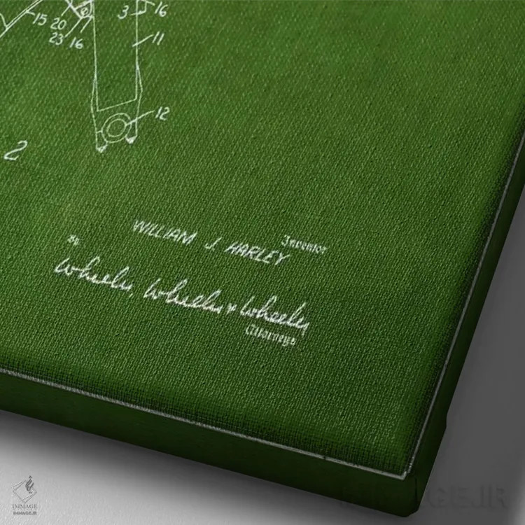 تابلو نقشهٔ درخواست ثبت پتنت گلگیر موتورسیکلت هارلی-دیویدسون (سبز) اثر پیکسل کهنه (استودیو/نام هنری) - نمای نزدیک بافت بوم