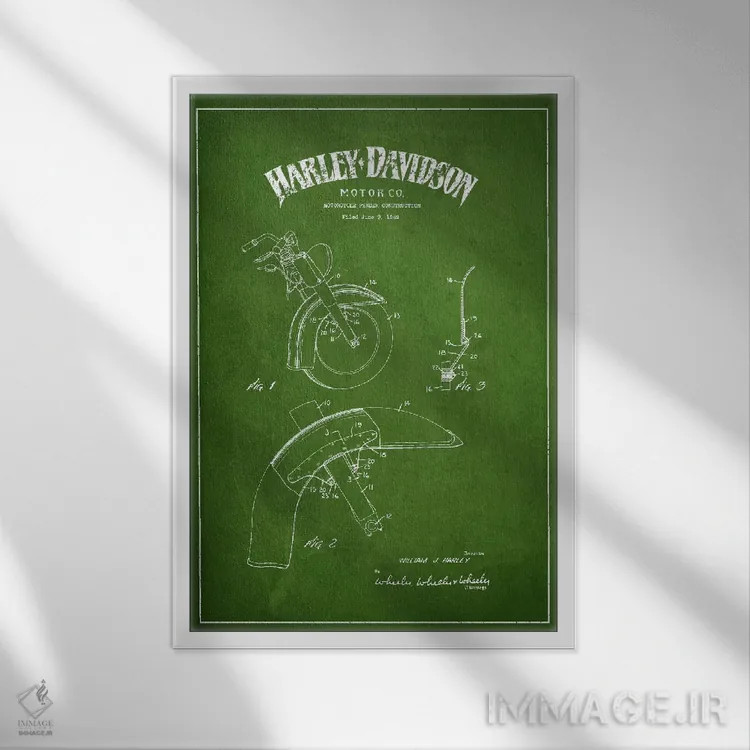 تابلو نقشهٔ درخواست ثبت پتنت گلگیر موتورسیکلت هارلی-دیویدسون (سبز) اثر پیکسل کهنه (استودیو/نام هنری) - نمای قابدار سفید