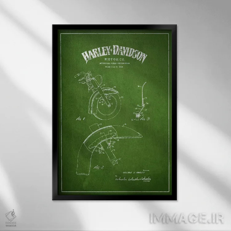 تابلو نقشهٔ درخواست ثبت پتنت گلگیر موتورسیکلت هارلی-دیویدسون (سبز) اثر پیکسل کهنه (استودیو/نام هنری) - نمای قابدار مشکی