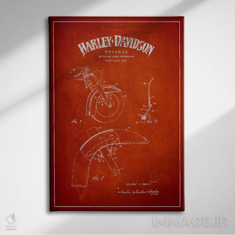 تابلو نقشهٔ درخواست ثبت پتنت گلگیر موتورسیکلت هارلی-دیویدسون (قرمز) اثر پیکسل کهنه (استودیو/نام هنری) - نمای روبهرو روی دیوار