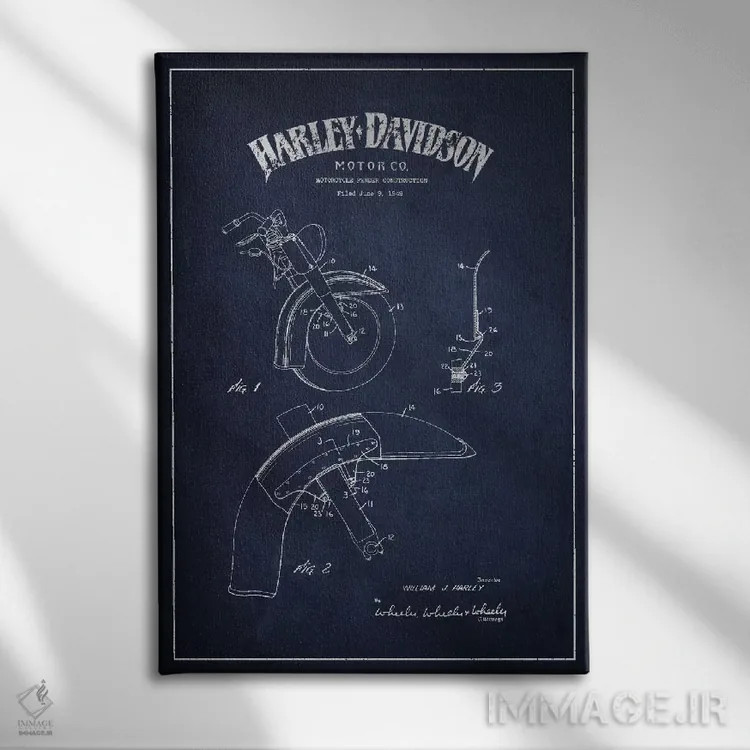 تابلو نقشهٔ درخواست ثبت پتنت گلگیر موتورسیکلت هارلی-دیویدسون (آبی نفتی) اثر پیکسل کهنه (استودیو/نام هنری) - نمای روبهرو روی دیوار