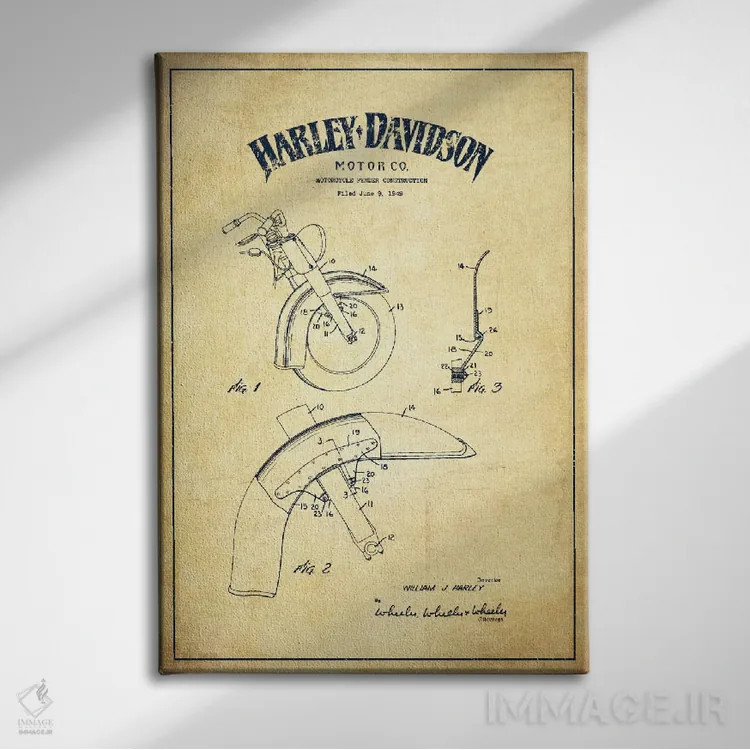تابلو نقشهٔ درخواست ثبت پتنت گلگیر موتورسیکلت هارلی-دیویدسون (کرم کلاسیک) اثر پیکسل کهنه (استودیو/نام هنری) - نمای روبهرو روی دیوار
