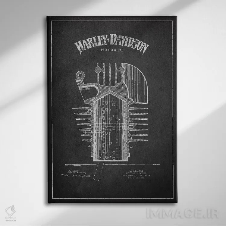 تابلو نقشه ثبت اختراع هارلی-دیویدسون (ذغالی) اثر پیکسل کهنه (استودیو/نام هنری) - نمای روبهرو روی دیوار