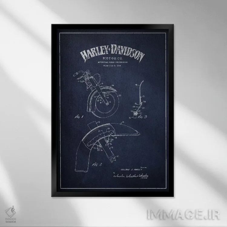تابلو نقشهٔ درخواست ثبت پتنت گلگیر موتورسیکلت هارلی-دیویدسون (آبی نفتی) اثر پیکسل کهنه (استودیو/نام هنری) - نمای قابدار مشکی