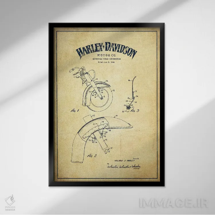 تابلو نقشهٔ درخواست ثبت پتنت گلگیر موتورسیکلت هارلی-دیویدسون (کرم کلاسیک) اثر پیکسل کهنه (استودیو/نام هنری) - نمای قابدار مشکی