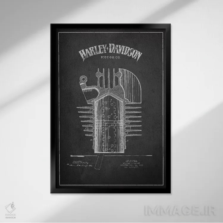 تابلو نقشه ثبت اختراع هارلی-دیویدسون (ذغالی) اثر پیکسل کهنه (استودیو/نام هنری) - نمای قابدار مشکی