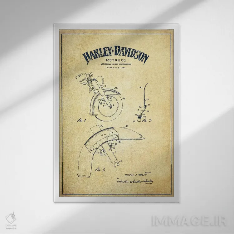 تابلو نقشهٔ درخواست ثبت پتنت گلگیر موتورسیکلت هارلی-دیویدسون (کرم کلاسیک) اثر پیکسل کهنه (استودیو/نام هنری) - نمای قابدار سفید